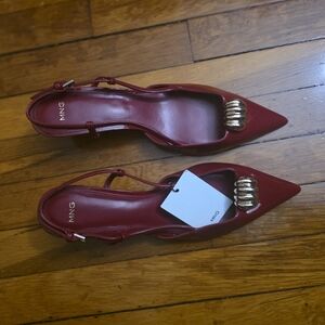 Mango Burgundy Pointed Slingback Pumps with Gold Accent